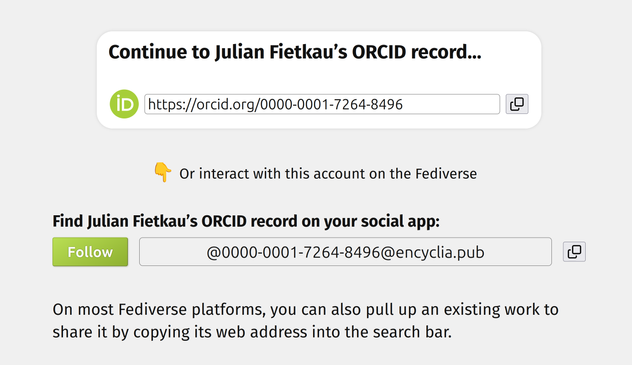 Continue to Julian Fietkau’s ORCID record…
Or interact with this account on the Fediverse
Find Julian Fietkau’s ORCID record on your social app:
(Follow button) (Account handle)
On most Fediverse platforms, you can also pull up an existing work to share it by copying its web address into the search bar.