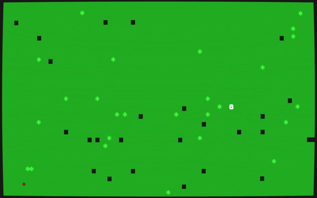 A screenshot of a green top-down game landscape, showing bushes and dark pits in ASCII graphics. There is a smiley face as the protagonist and a red symbol as the goal. It's very simple DOS text mode visuals, but rendered through a CRT filter showing screen curvature and scanlines.