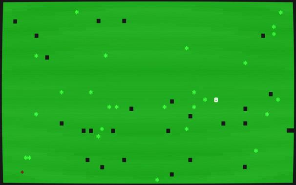 A screenshot of a green top-down game landscape, showing bushes and dark pits in ASCII graphics. There is a smiley face as the protagonist and a red symbol as the goal. It's very simple DOS text mode visuals, but rendered through a CRT filter showing screen curvature and scanlines.