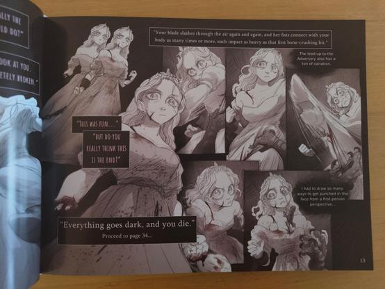 Page 13 showing half a dozen character artworks, one with three variants, of the princess in a POV combat scene, kicking and throwing punches. She is fierce and menacing here. There are blood splatters, cuts on her body, and in some of the variants one of her hands is cut off. In the final image, she has a dagger sticking in her chest. The page contains dialogue quotes and narration from the game as well as artist commentary. A text box shows the choice-based structure of the book, directing the reader to page 34 from this one.