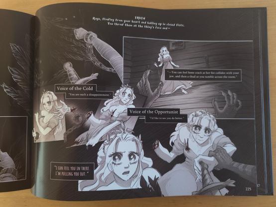 Page 225, showing a different combat scene where the princess is still chained by her wrist, but turns the table on the main character, who is depicted in defense and overwhelmed. The princess cuts herself out of the chain (by cutting off her hand) and stabs the main character. The art and printed quotes frame her as heroic. There are several additional text boxes showcasing the multiple internal voices mechanic from the game, in this case including short quotes from the Voice of the Cold and the Voice of the Opportunist.