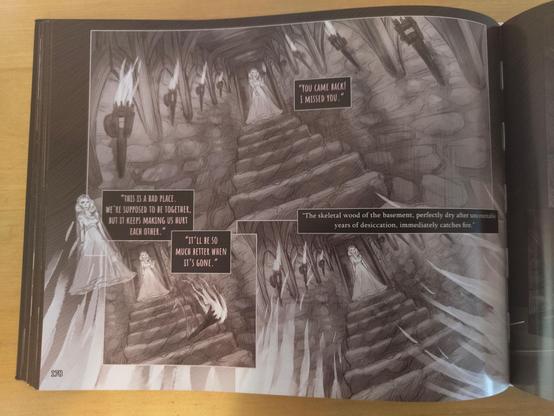 Page 178, showing a wide illustration of a stone hallway staircase from the bottom. At the top of the staircase, the princess stands, gaunt, ghostly and distorted, holding an oil torch. In the printed dialogue, she muses about the building being their cause of strife before throwing the torch at the main character and lighting the room on fire.
